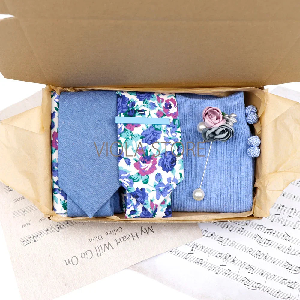 Viola Design 7 PCS Gift Box Cotton Sock Tie Sets Clip Pin Cufflinks Hanky Solid Floral Men Wedding Party Daily Cravat Accessory