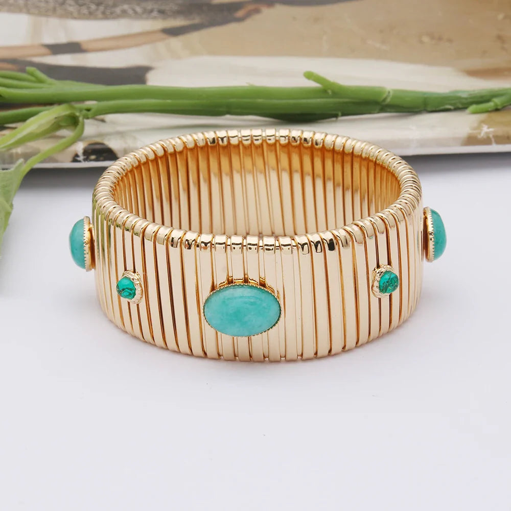 25mm Wide Spring Chain Bracelet For Woman Copper Bangle Natural Stone Malachite Bohemia Exquisite Gold Color Fashion Jewelry