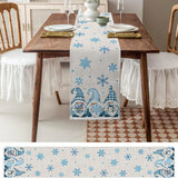 Christmas Blue Gnomes Winter Snowflake Linen Table Runners Table Decor Reusable Xmas Dining Table Runners Navidad Decorations