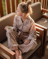 Cute Kid Girl's Turndown Collar Brown Plaid Pajama Sets.Vintage Toddler Kid‘s Pyjamas Set Sleep Loungewear.Children’s Clothing