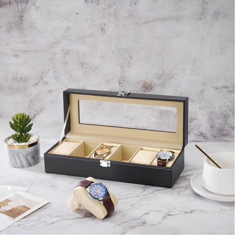 6 Slot PU Leather Watch Box Display Case Jewelry Organizer with Glass Top