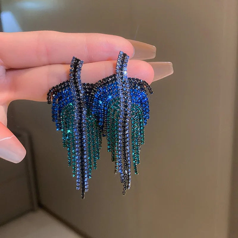 Long Retro Blue Flower Feather Tassel Dangle Earrings for Women 2022 Fashion Crystal Drop Earring Vintage Brincos Jewelry