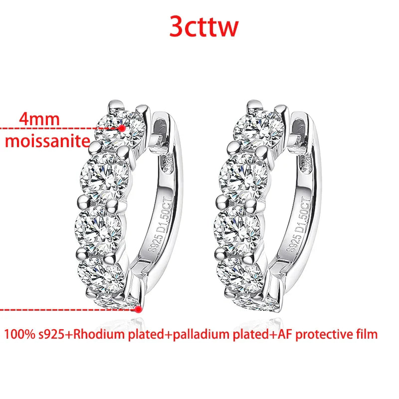 Smyoue 18k 3cttw Moissanite Hoop Earring for Women 4mm Stones D Color Sparkling Created Diamond Earring 100% 925 Sterling Silver