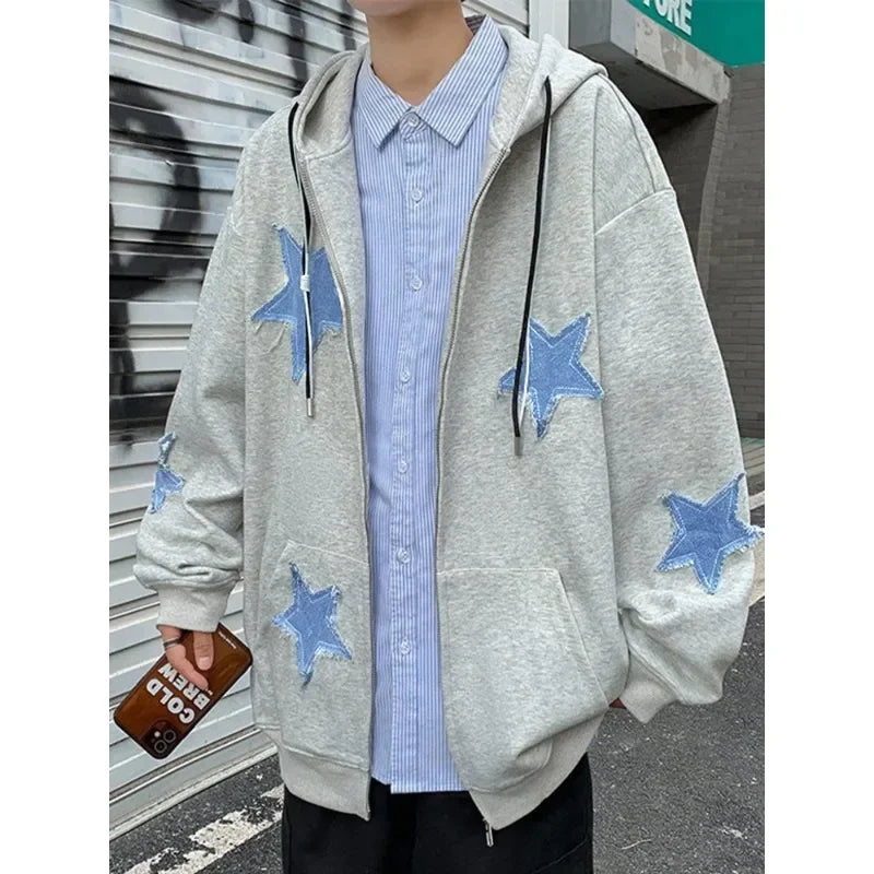 Men's Star Patch Zip Up Hoodie for Men Oversized Y2k Sweatshirt Jacket E-Girl 90s Pullover Streetwear