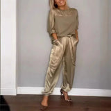 Elegant Satin Two Piece Set Women Outfits Spring Summer Casual Solid O Neck Shirt Long Pants Tracksuit Fashion Female Loose Suit