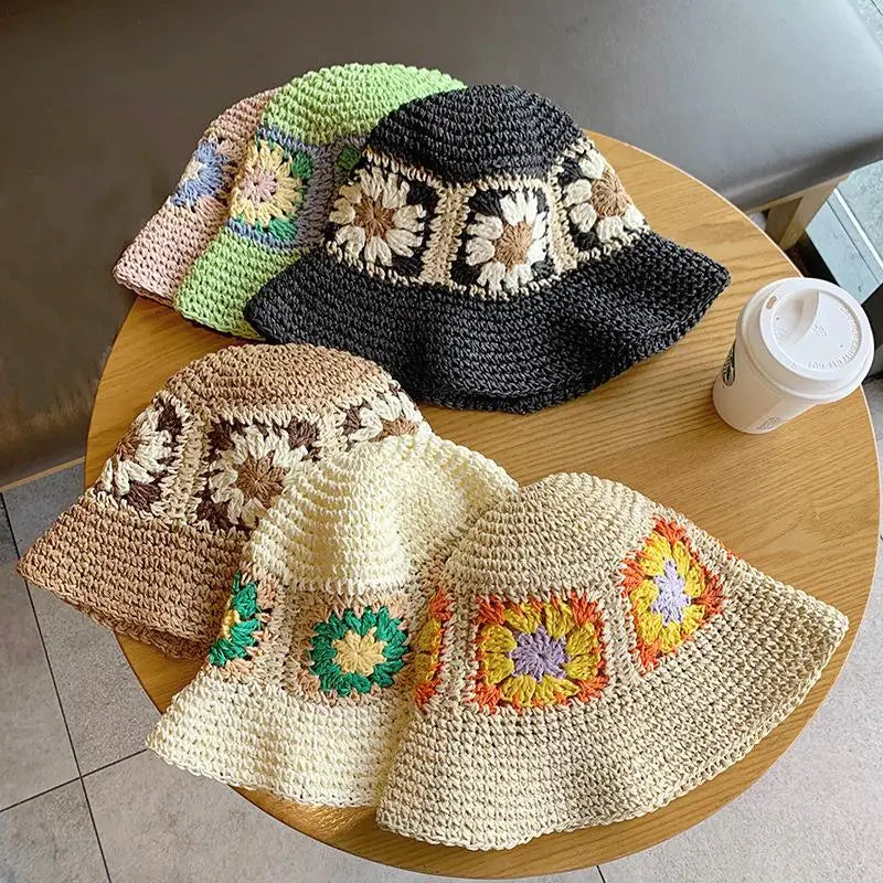 Summer Outdoor Paper Straw Hat Women Beach Holiday Sun Wide Brim Hand Woven Flowers Daisy Bucket Straw Hat