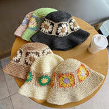 Summer Outdoor Paper Straw Hat Women Beach Holiday Sun Wide Brim Hand Woven Flowers Daisy Bucket Straw Hat