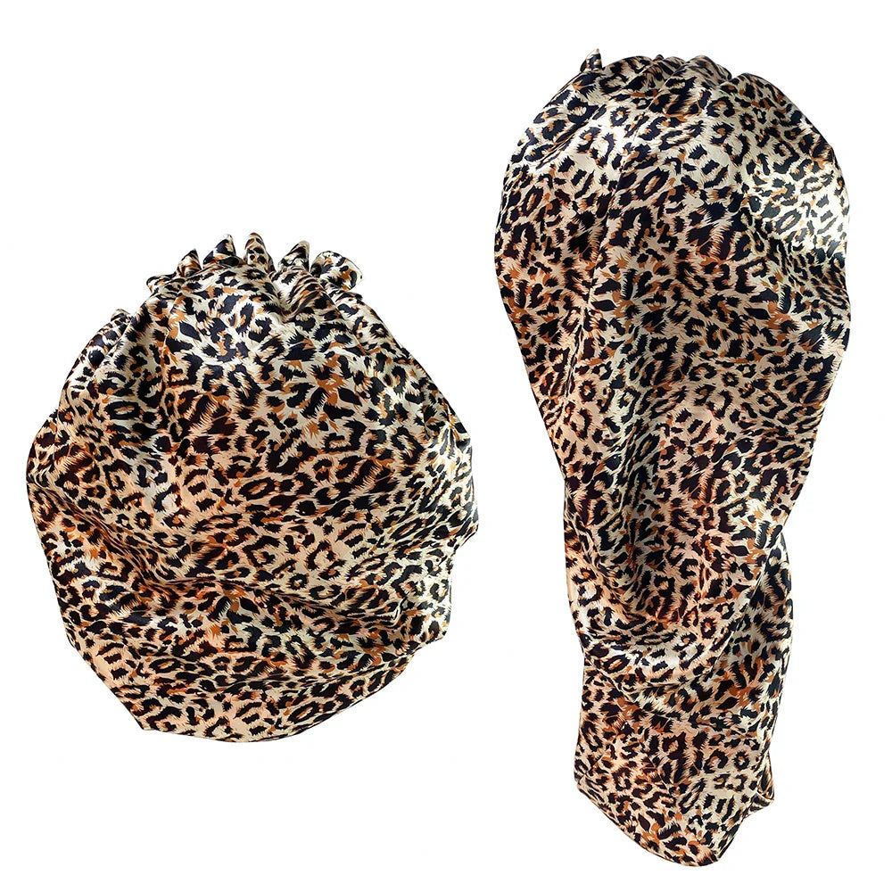 Leopard Print Double Layer Silky Bonnet Adjustable Elastic Band High Quality Satin Nightcap  Free Shipping