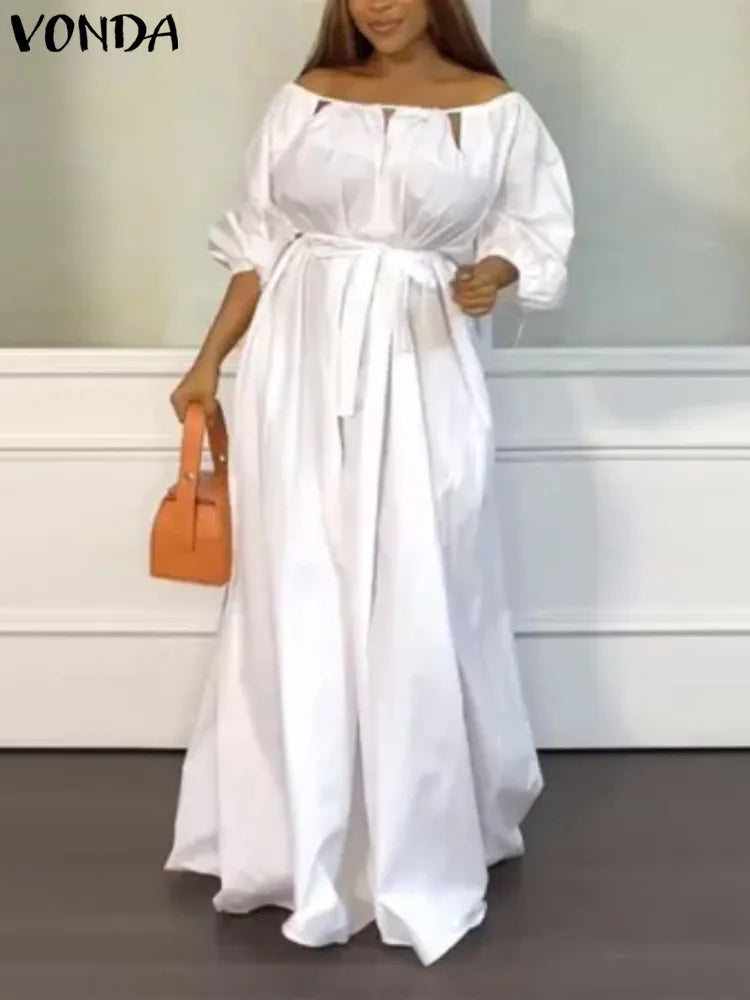 Plus Size 5XL VONDA Elegant Sexy Off Shoulder Maxi Dress Women 2023 Long Sleeve Solid Belted Bohemian Robe Casual Party Vestidos