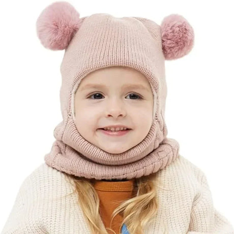 1-7Y Winter Baby Hat Scarf One-Piece Pompom Knit Hat for Kids Warm Neck Ball Cap for Girls Boys Windproof Beanies Infant Cap