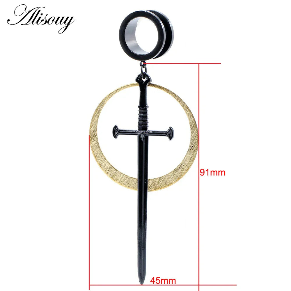 Alisouy 1PC Stainless Steel Water Drop Stone Star Moon Sword Skull Bees Dangle Earring Ear Gauge Plug Tunnel Expander Stretcher