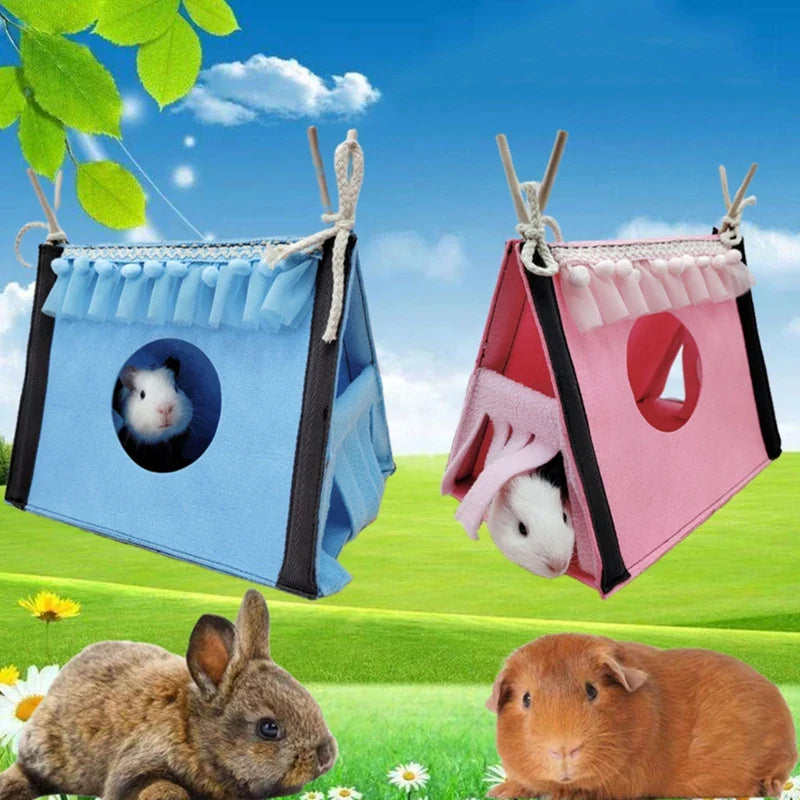 Small Animal Hideout Tent Cage House Warm Bed Felt Nest Habitats for Hamster Rat Guinea Pigs Hideaway Chew Cage Toy with Curtain