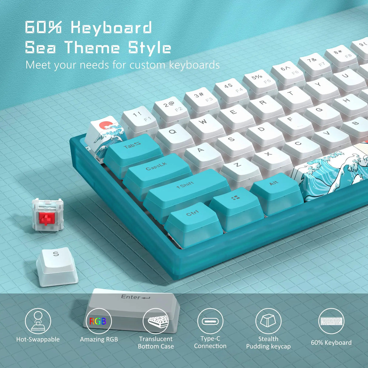 Womier WK61 Mechanical Keyboard RGB Wired Gaming Keyboard Hot-Swappable Blue Sea Theme with PBT Keycaps for Windows PC Gamers