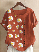 Plus Size Daisy-Print Cotton Linen Shirt Casual Summer Women O-Neck Short Sleeve Pullover Top Fashion Street Flower Blouse