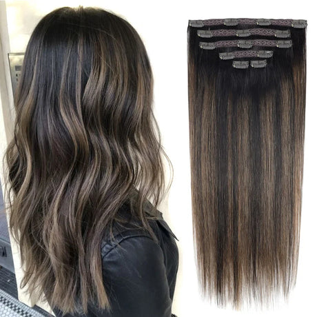 BHF Clip in Hair Extensions Human Hair Straight Remy Hair Natural Black Light Brown Honey Ombre Hair Extensions With Clips 70g