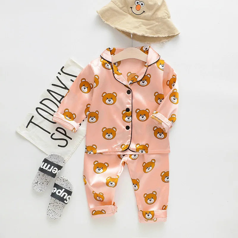 Toddler Girls Silk Satin Pajamas Sets Cartoon Kids Boys Pyjamas Baby Sleepwear Suit Girl Casual Home Wear Clothes Boy Loungewear