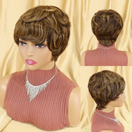 Straight Human Hair Wigs Short Bob Wig With Bangs Non Lace Front Wigs For Women Pixie Cut Wig Natural Color Full Machine Made