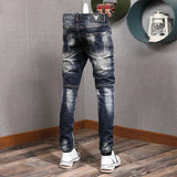 Fashion Streetwear Men Jeans Retro Black Blue Elastic Slim Fit Ripped Jeans Men Spliced Designer Embroidery Hip Hop Denim Pants