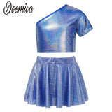 Kids Girls Street Hip Hop Dance Costumes Cheerleading Outfit Metallic Shiny One Shoulder Crop Top with Skirt Set Girl Dance Wear