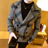 2023 Spring New Men's Slim Suit Coat British Fashion Plaid Coat Double Breasted Casual Woolen Coat Men's Large Clothing M-5XL