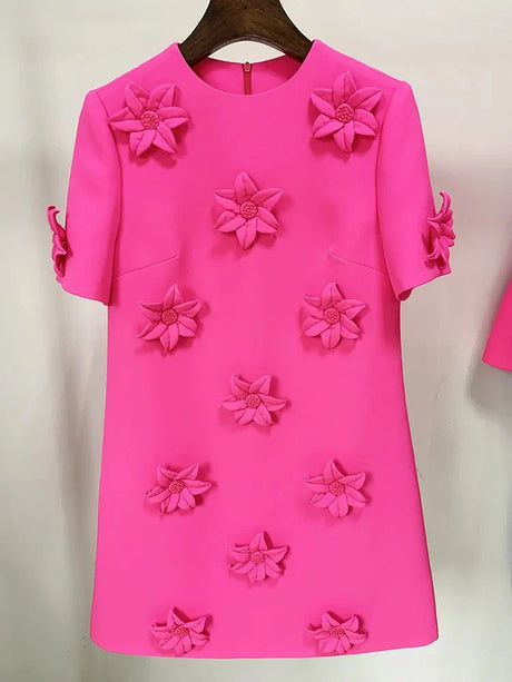 Women's Flower Decoration Dress A-Line Blazer Dress O-Neck New Fashion Prom Party Leisure Lady Wear in Stock Hot Pink Suit