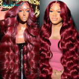 Rosabeauty 250 Density 99J Burgundy 13x4 13X6 HD Body Wave Lace Front Human Hair Wigs 40 Inch Red Colored Frontal Wig for Women