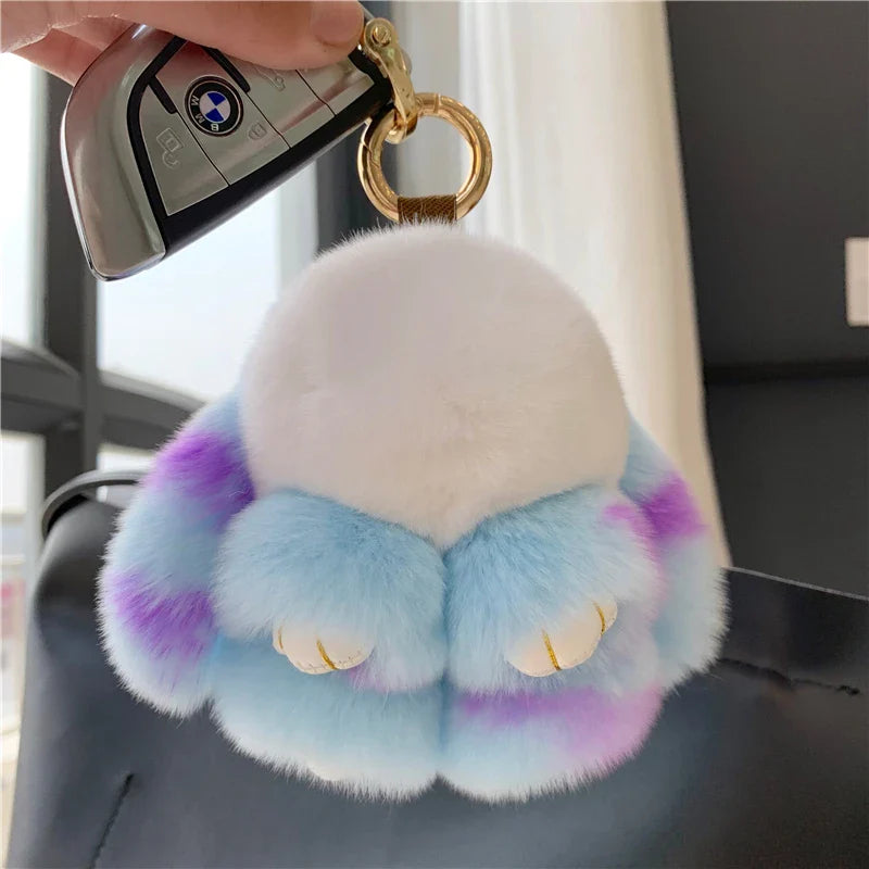 Plush Toy Bunny Real Natural Rex Rabbit Fur Keychain Women Bag Charm Ornaments Schoolbag Pendant Car Keyring Trinkets Kids Gift