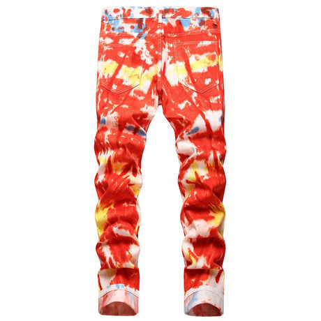 Men Tie Dye Stretch Denim Jeans Fashion Y2K Red Contrast Colored Painted Pants Slim Tapered Print Trousers