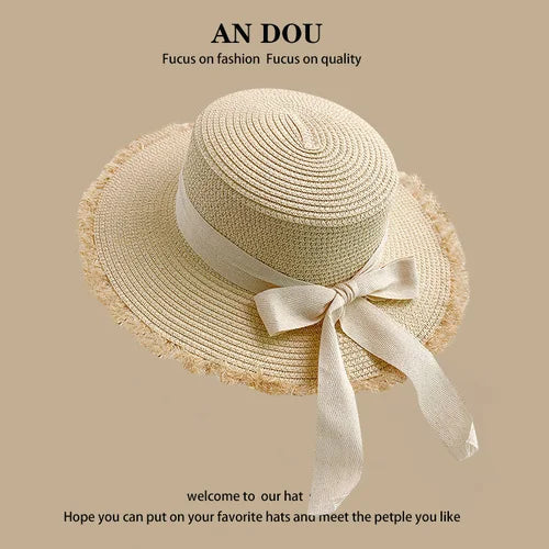 Spring Summer Korean Sweet Big Brim Straw Sun Hat Women Seaside Sunshade Sunscreen Straw Bucket Hat Basin Hat