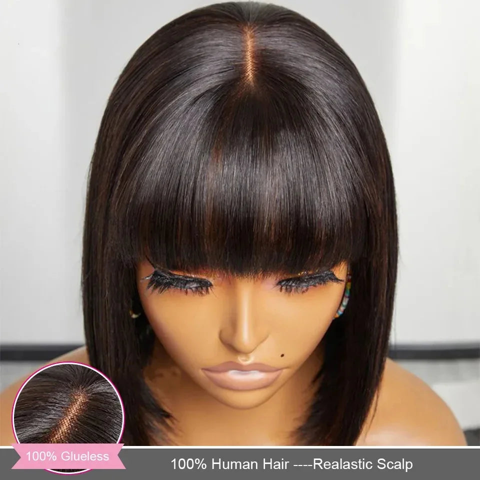 Glueless Straight Human Hair Wigs With Bangs Fringe Middle Part Bob Lace Wigs Realistic Scalp Brazilian Straight Bob Lace Wigs