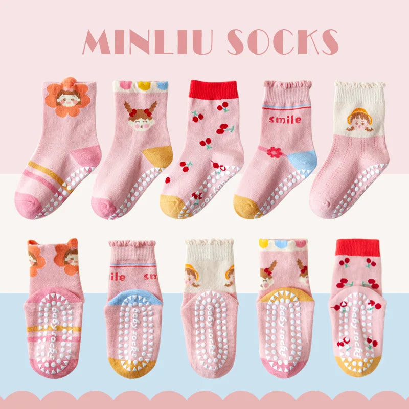 Children's Hosiery Adhesive Non-slip Baby Socks Cartoon Pink Girls Cotton Socks in Tube Sensitive Hosiery New Autumn and Winter