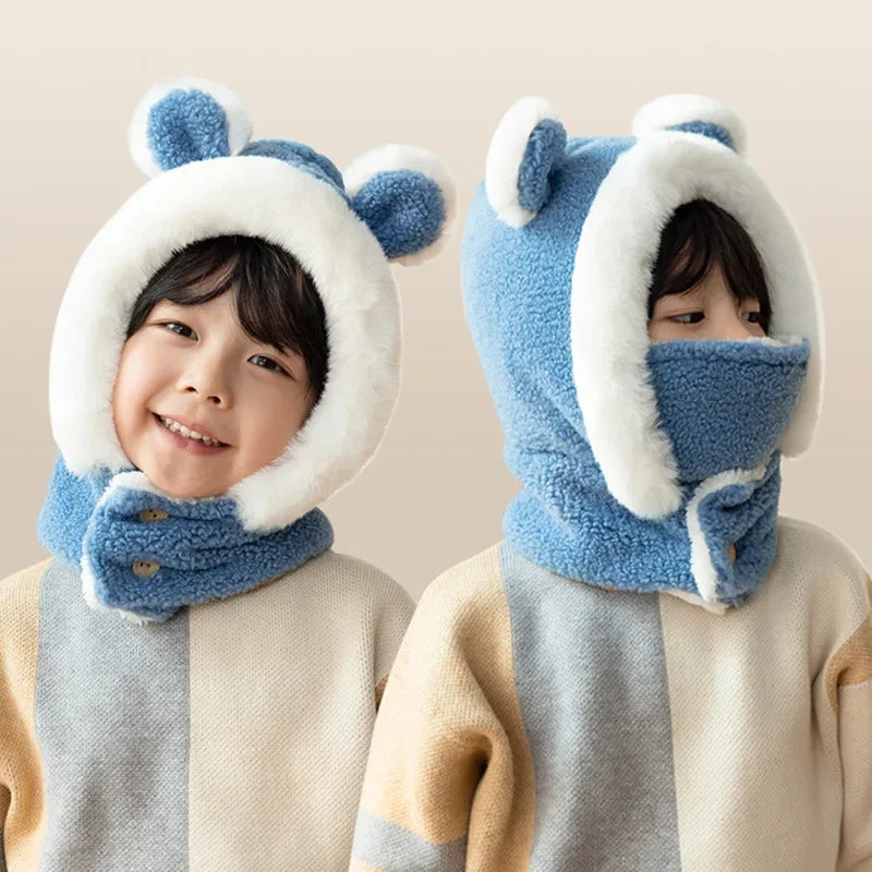 New Children's Hat Cartoon Bear Ear Flags Pullover Cap for Boys and Girls' Baby Winter Hats Scarf Kids Plush Warm Cute Fur Cap