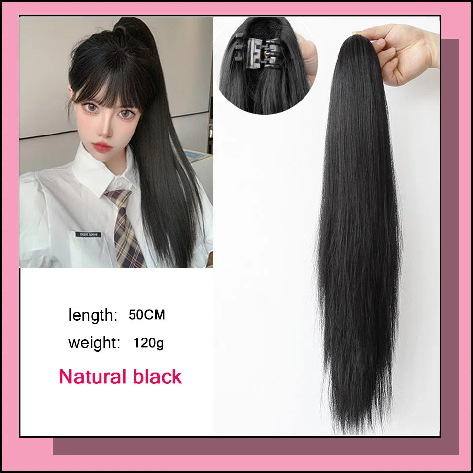 Long Wavy Straight Claw Clip On Ponytail Hair Black mixed with blue Synthetic Ponytail Hair For Women Pony Tail Hair Hairpiece