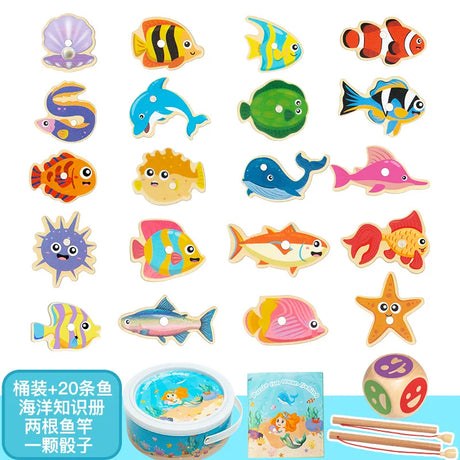 Wooden Magnetic Fishing Toys for Baby Cartoon Marine Life Cognition Fish Games Education Parent-Child Interactive