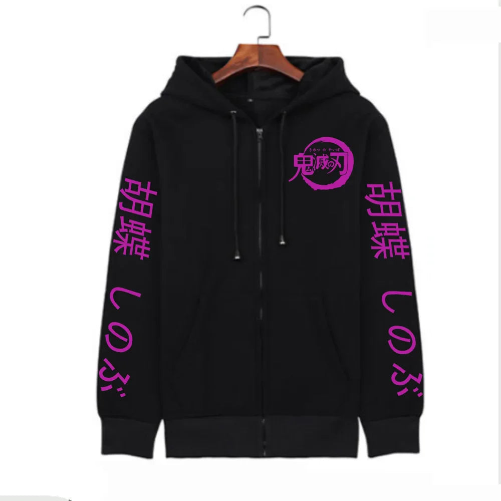 Kochou Shinobu Women Zip Hoodies Winter Autumn Casual Zipper Jacket Harajuku Demon Slayer Plus Size Sweatshirt Female Pullover