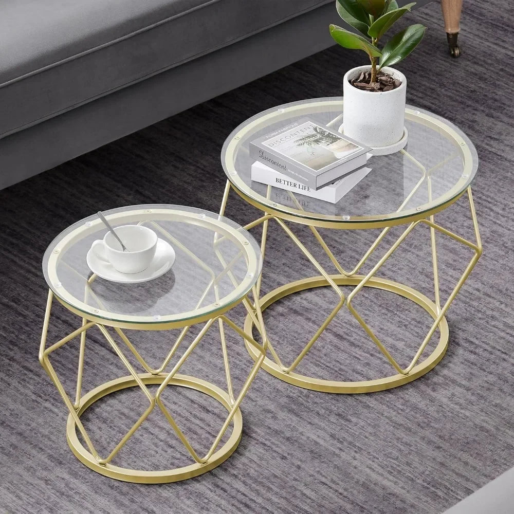 Gold Coffee Table, Round End Table Set of 2, Coffee Table with Metal Frame and Tempered Glass Top, Modern Accent Side Table