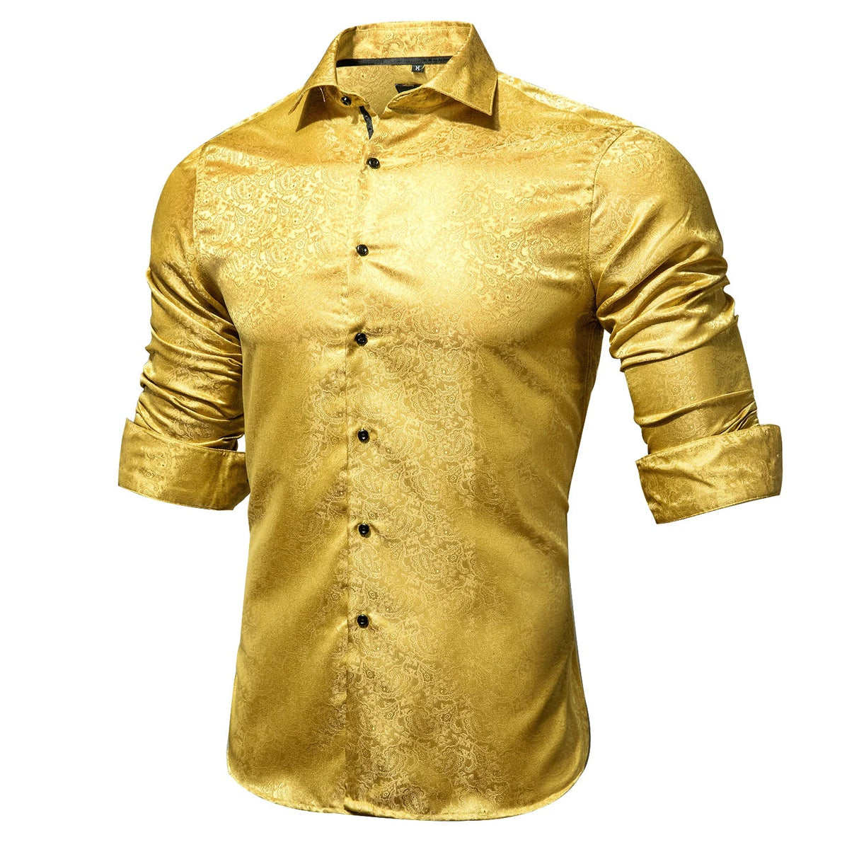 Hi-Tie Gold Luxury Mens Shirts Silk Jacquard High Quality Long Sleeve Lapel Shirt Casual Formal for Male Wedding Business Gifts