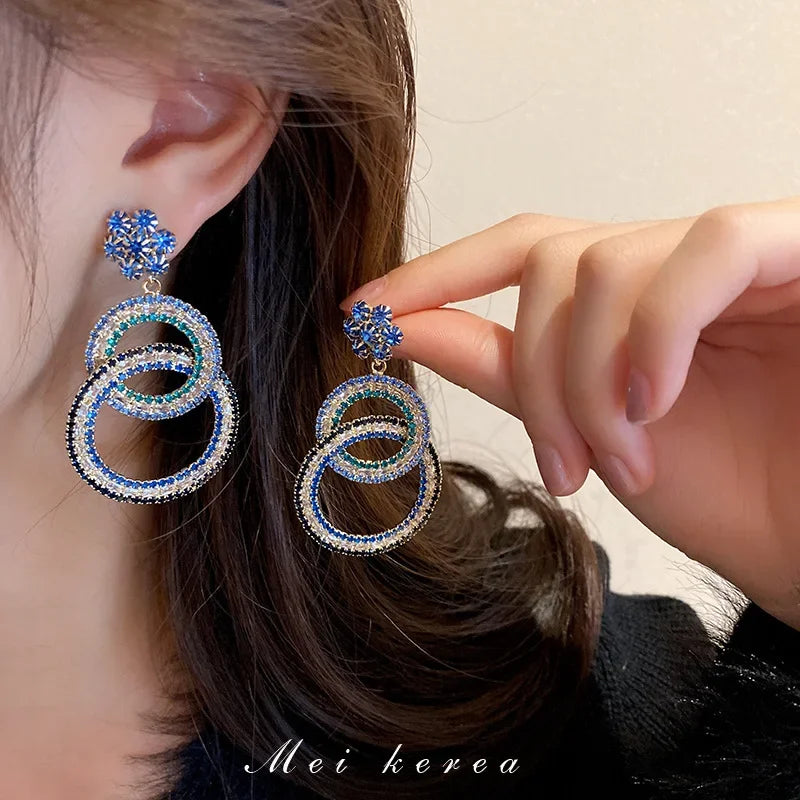 Exaggerated Blue Rhinestone Crystal Geometric Flower Long Tassel Earrings for Women Cool Drop Dangling Earring Party Jewelry