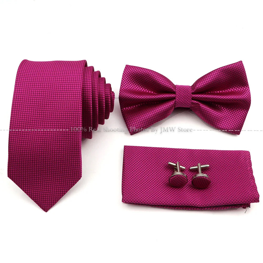 5 Pcs Slim Plaid Tie Set Polyester Pink Blue Necktie Bowtie Cufflink Brooch For Groom Suit Wedding Cravat Shirt Accessory Gift