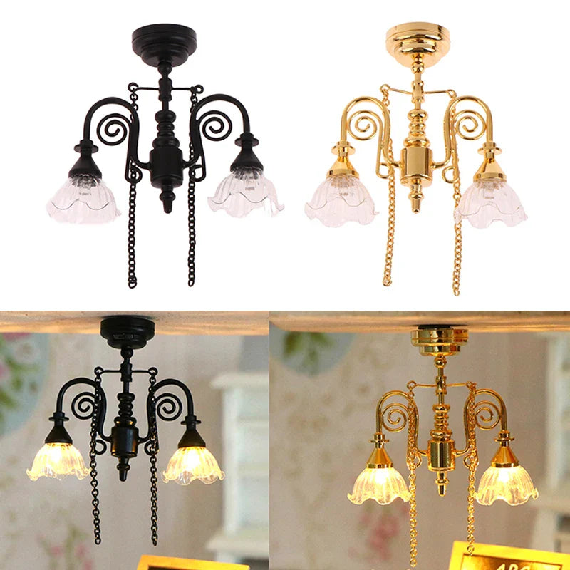 1:12 Dollhouse Miniature LED Lamp Ceiling Lamp Chandelier Droplight Lighting Home Furniture Model Doll House Decor Toy