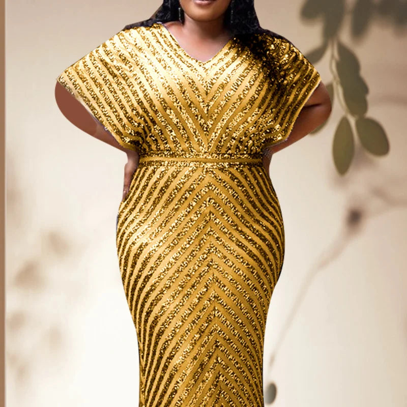 Plus Size Evening Party Dress For Women Elegant Wedding Dinner Formal Clothing Gold Simple Design Sequin Long Dresses Large Size