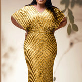 Plus Size Evening Party Dress For Women Elegant Wedding Dinner Formal Clothing Gold Simple Design Sequin Long Dresses Large Size