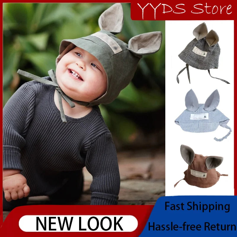 Baby Animal Ears Cute Fisherman Cap Breathable Linen Fetal Hat Kids Fun Squirrel Standing Ear Cotton Linen Sun Hat