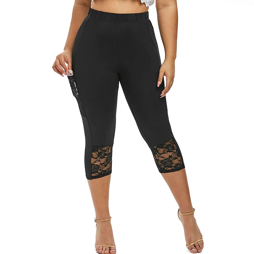 Plus Size Womens Lace Leggings 3/4 Cropped Pants Trim Stretchy Capri Bottoms Ladies Casual Sweatpants For Oversized Female 2023