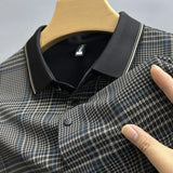 High Quality Luxury Ice Silk Men's Polo Shirt 2024Summer New Lapel Plaid Short Sleeve T-Shirt Britain Street Seamless Men's Wear