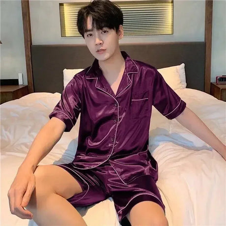 Satin Sleepwear Clothes Solid Ice Color Sleeve 2pcs Short Men Thin Sets Summer Silk Pajama Home Male Casual Suit Shirt+shorts