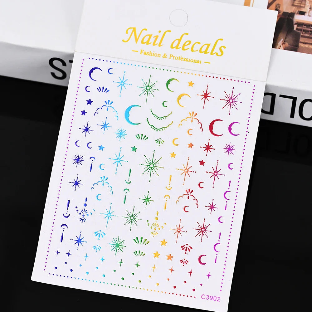 3D Gold Sun/Moon/Star Bronzing Nail Art Sticker 8*10cm Laser Star Moon Design Nail Decal Gold Silver Self-Adhesive Slider &*&