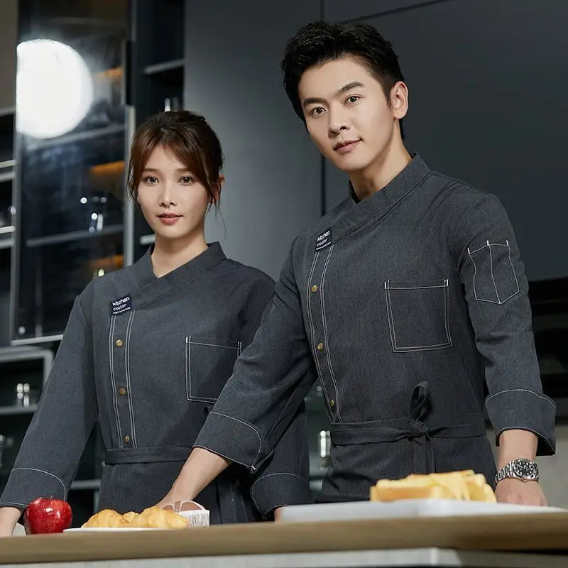 Catering Chef Uniform Long Sleeve Men Kitchen Chef Jacket  Work Hotel Women Waiter Restaurant Clothes Apron Hat Bakery Cook Coat