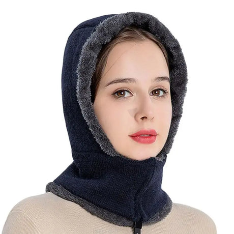 New Winter Women 3in1 Knitted Ski Hat with Scarf Neck Warmer Fleece Lined Hood Face Mask Adult Balaclava for Outdoor Sports