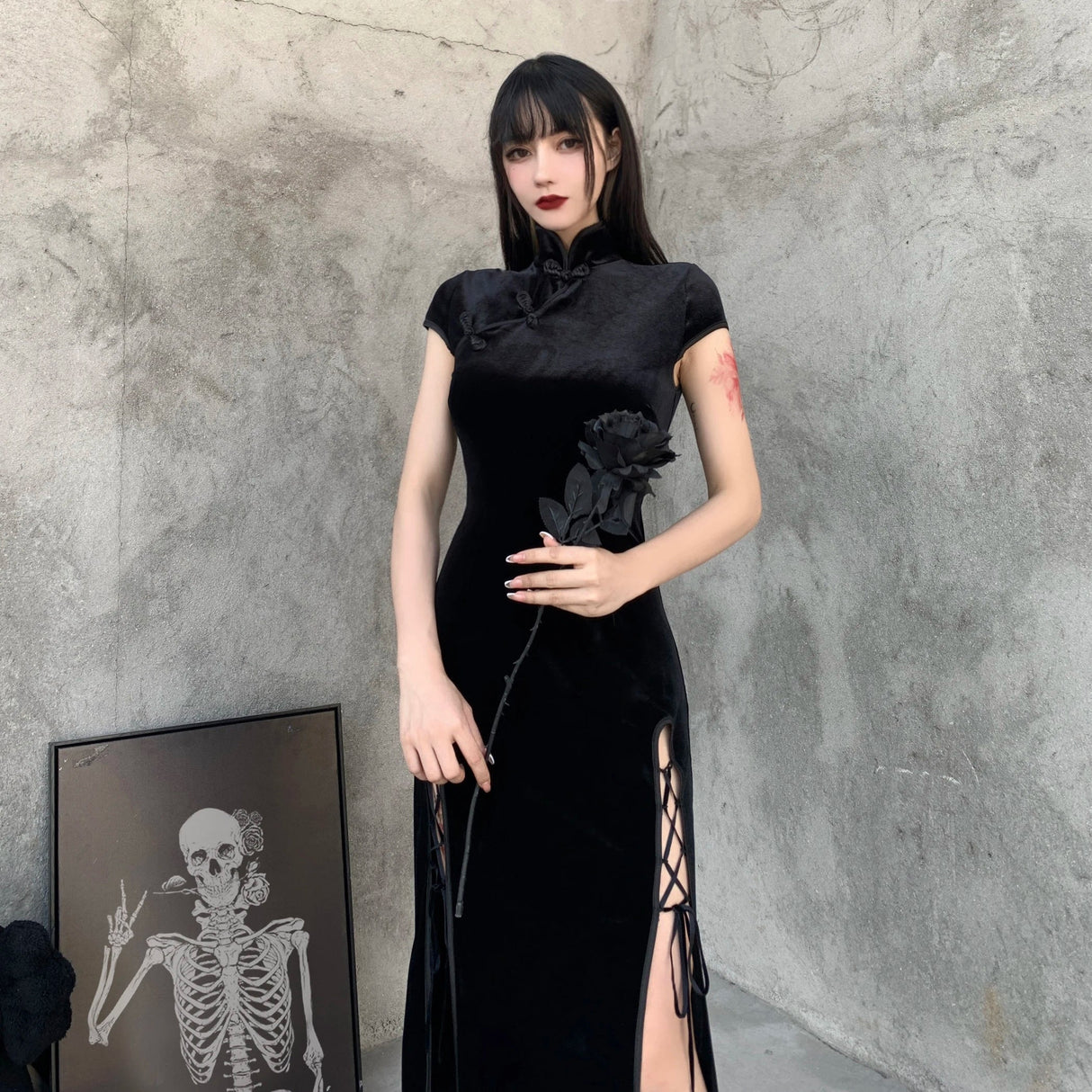 Goth Dark Romantic Gothic Velvet Aesthetic Dresses Vintage Women Black Bandage SlitHem Bodycon Dress Sexy Evening Wear Cheongsam